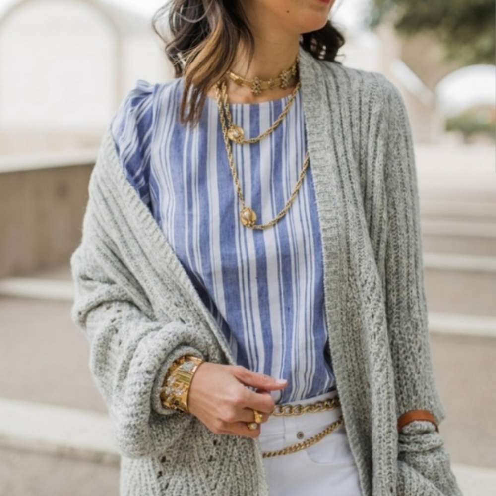 Cabi 5343 Linen Blue White Stripe Puff Sleeve Wing Blouse